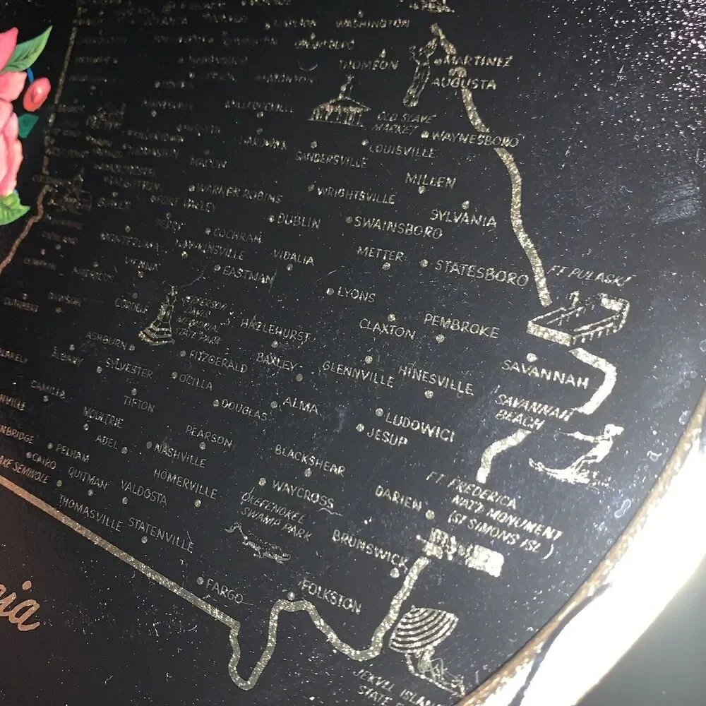 Vintage Toleway Serving Tray Georgia Cherokee Rose Black Gold Color With Flowers